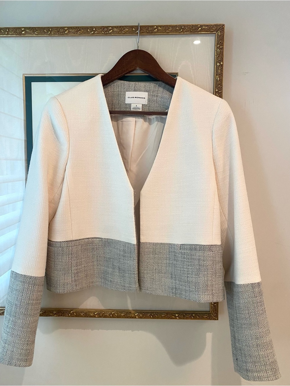 Club Monaco Two-Tone Cream and Gray Cropped Blazer